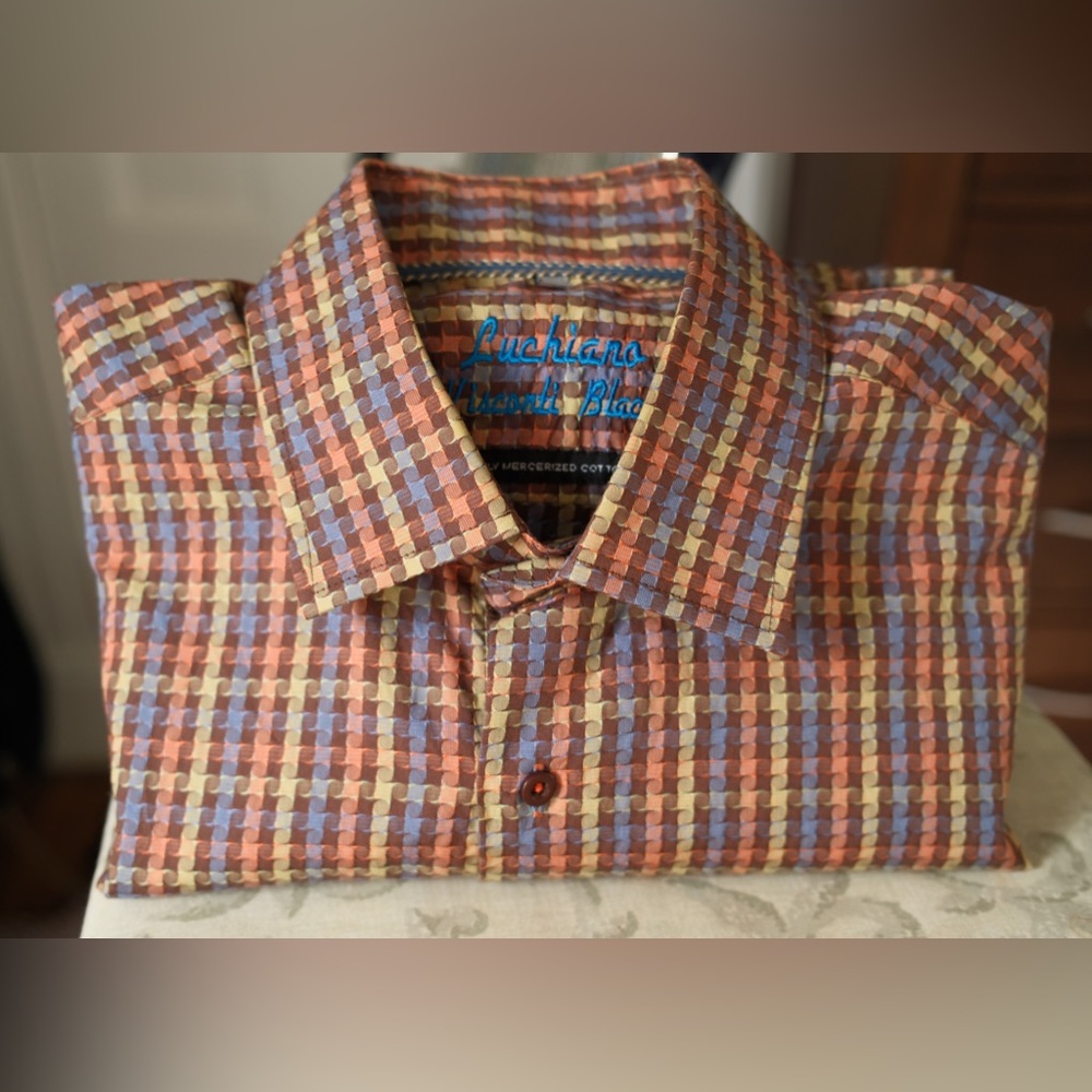LUCHIANO VISCONTI BLACK button down size L with orange, gold & blue check